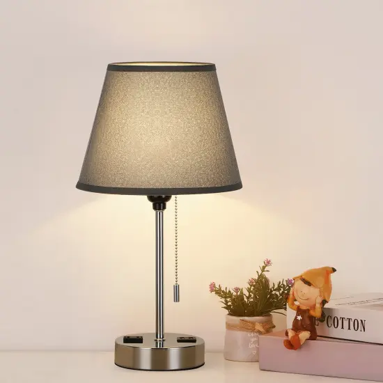 Set of 2 Grey Shade Silver Base Bedside Lamps &ndash; Modern Nightstand Table Lamps for Bedroom, Office, or Dorm {1}