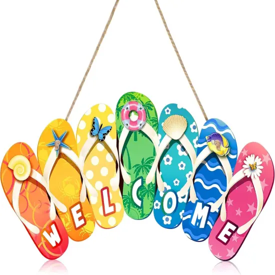 Summer Slippers Hanging Sign Shape Welcome Hello Flip Flop Wooden Door Plaque Rustic Wall Sign Yard Indoor Outdoor Garden Decoration with Rope {1}
