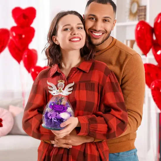 Gifts for Women Preserved Rose Forever Flower in Glass Angel Figurines Fresh Flowers for Delivery Prime Mothers Day Birthday Gifts for Mom Real Purple Roses for Grandma Sister Wife Her Daughter {5}