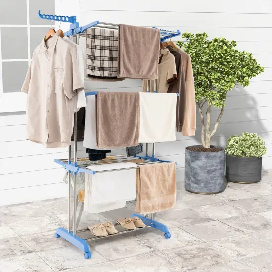 Blue 4-Tier Freestanding Folding Clothes Drying Rack with Rotatable Side Wings and 8 Hanging Rods {3}