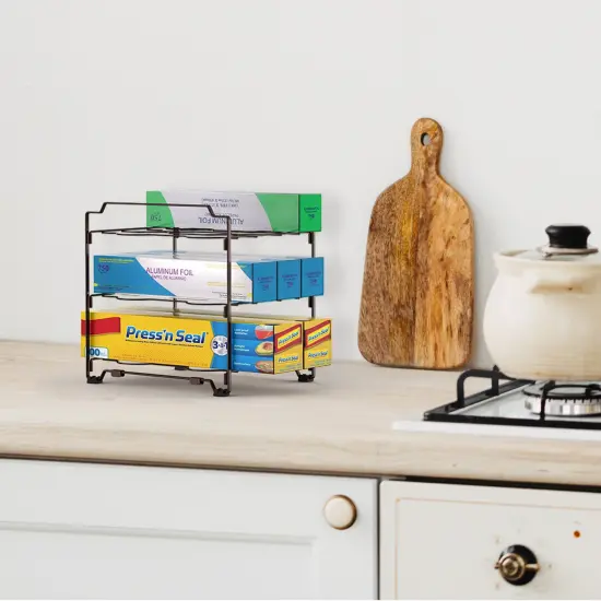 Upgraded Kitchen Wrap Organizer Rack - Non-Slip, Stackable Foil & Plastic Wrap Storage for Cabinets/Countertops - Space-Saving Design (7.7"L x 9.5"W x 9.4"H) Brown {6}