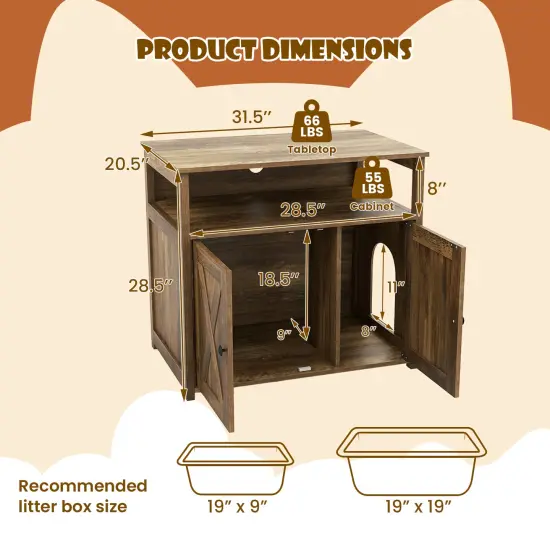 Cat Litter Box Enclosure with Double Barn Doors and Storage Shelf Ideal for Indoor Pet Use {5}