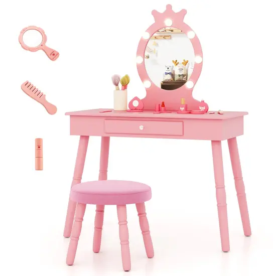 MDF and Wood Kids Vanity Set with LED Mirror, Drawer and Padded Stool Pink {4}
