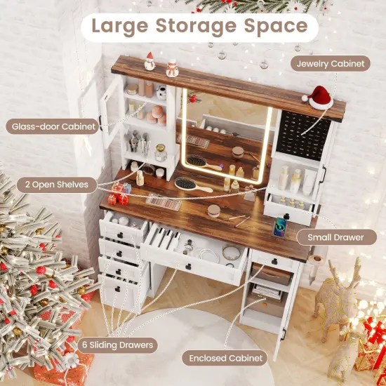 Farmhouse Vanity Desk with Lighted Mirror and 3 Doors-White {6}