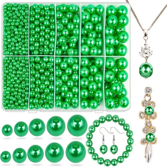 Green Pearl Beads for Jewelry Making, 1750pcs Grassy Green Pearl Craft Bead with Hole 4mm 6mm 8mm 10mm 12mm Loose Spacer Bead for Necklace Bracelet Earrings Ring Choker Wedding Dress Decor {1}
