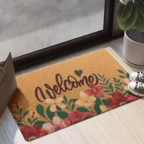 Artificial Coir Doormat with Non-Slip Backing for Indoor and Outdoor 17 x 30 inch Front Door Welcome Mat Spring Summer Seasonal Doormat,Welcome Flowers {5}