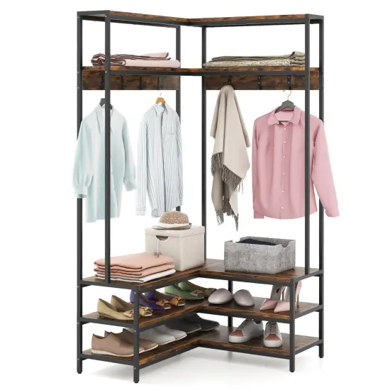 Multi-purpose Coat Rack with Open Shelves & Metal Hooks for Storage White {7}