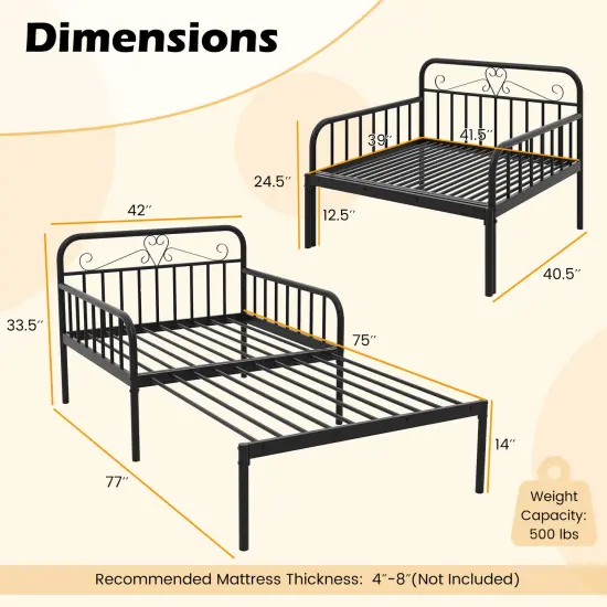 Twin Size Extendable Metal Daybed with Guardrails and Armrests Black {5}