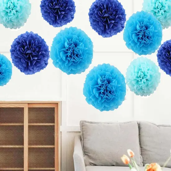 12pcs 10in 12in Blue Pack Paper Pom Poms Tissue Paper Flower pom poms Hanging Paper Flower Balls Wedding Party Flower Decorations DIY Art Craft Blooms for Birthday Baby Shower Nursery Decor {4}