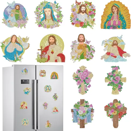 Diamond Painting Art Magnets Refrigerator - 12 PCS Christian Diamond Painting Kit Jesus Cross Our Lady Religious Gem Art Fridge Sticker Set for Inspirational Christmas Gift Adult Beginner Home Decor {1}