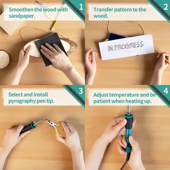 Pyrography Wood Burning Pen Kit Adjustable Temperature, Power Switch, Heat Deflector, Rubber Grip with 10 Pyrography Tips, 2 Wood Pieces, Flip-Up Pen Stand, for Woodburning DIY Crafts {4}