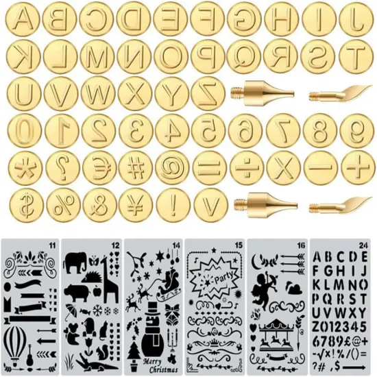 Wood Burning Tips Letters Uppercase Alphabet Number Symbol Branding and Personalization Set (Include 38 Numbers 18 Symbol and 6 Stencils) {1}
