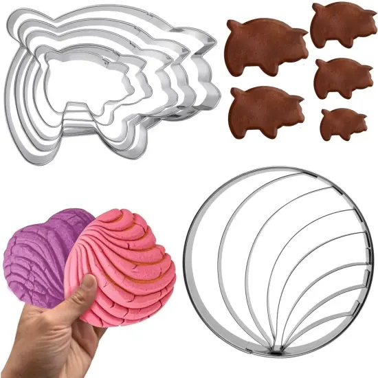 Concha Cutter Mexican bread mold with 5 sizes of pig biscuit cutting machine set, Concha Stamp double-sided mold for baking biscuits (Single sided mold+5 pigs) {1}