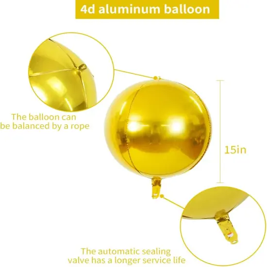 10 pcs Gold 4D balloon, 15 inch Foil Mylar Sphere Balloon for Birthday Party,Wedding,Valentine's Day, Christmas,Baby Shower Decoration Supplies {2}