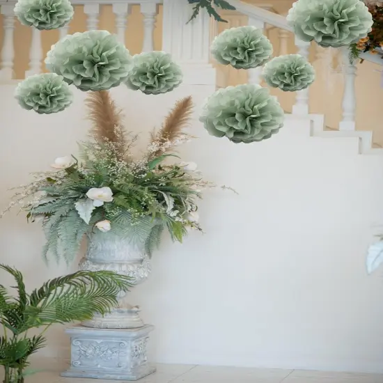 9PCS Dusty Sage Green Tissue Paper Pom Poms Flowers Wall Hanging Backdrop Streamers for Botanical Neutral Baby Shower Wedding Birthday Bridal Shower Nursery Room Garden D&eacute;cor {3}