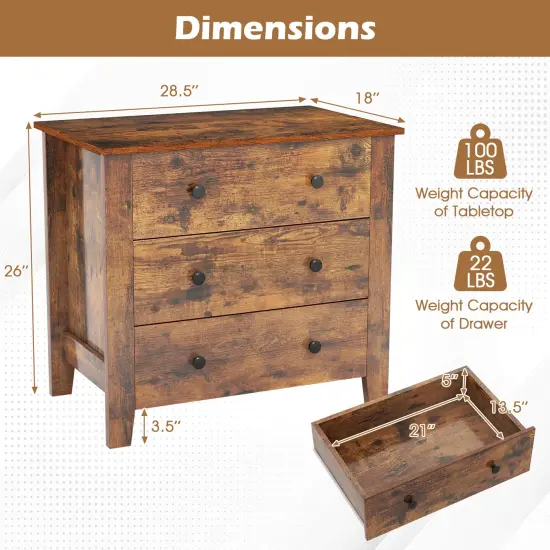 3 Drawer Dresser Chest Bedside Table with Metal Handles Suitable for Any Room Rustic Brown {5}