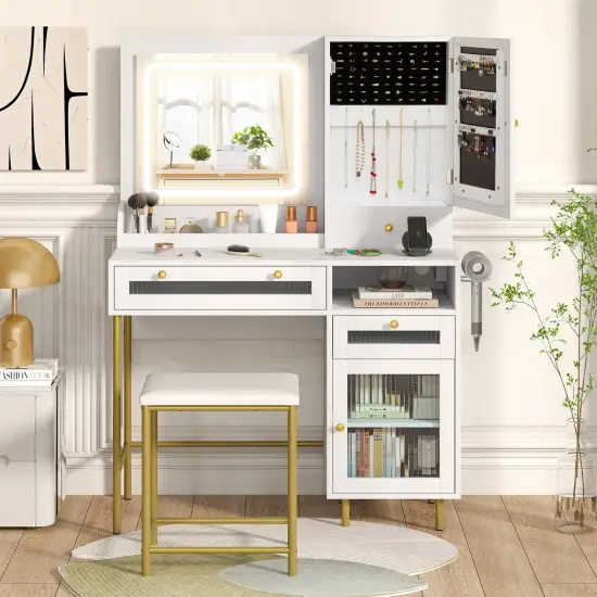 Modern Makeup Vanity Desk with Mirror and Lights and Stool Set-White {3}