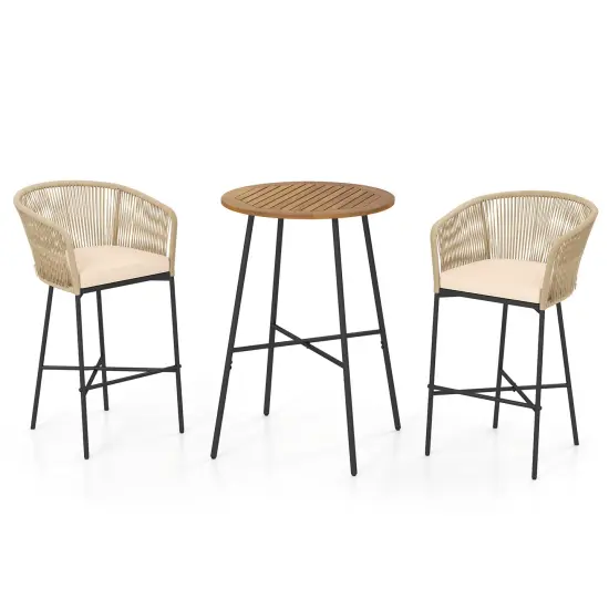 3 Pieces Rope Woven Patio Bistro Set with Acacia Wood Tabletop and Soft Cushions {1}