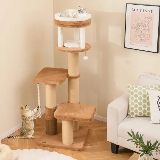 Engineered Wood Tall Cat Tree with Faux Rabbit Fur, Scratching Posts and Removable Cat Bed {2}