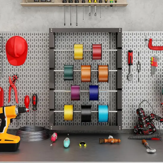 Grey Wall Mounted Wire Spool Rack with 4 Galvanized Metal Rods {3}