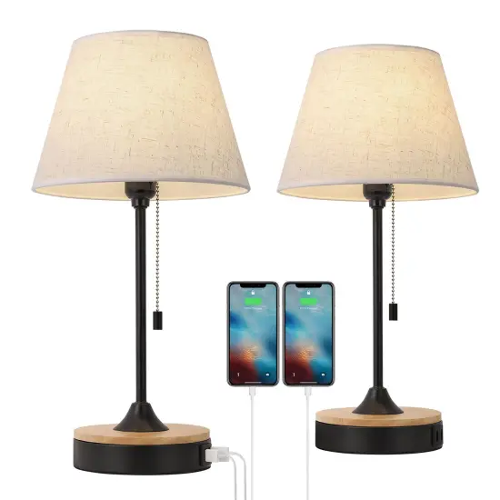 Set of 2 Beige Table Desk Lamps with Dual USB Ports &ndash; Wood & Metal Bedside Lamps, Linen Shade, UL-Certified, Eye-Caring Lighting for Bedroom, Office, or Living Room {1}