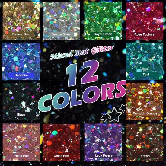Holographic Chunky Glitter,12 Colors Assorted Craft Glitter Mixed 3mm Stars Glitter Shape Fine Glitter Powder,Bulk Chunky Nail Glitter Flake Sequin for Resin,Body Nail Art,Slime Tumbler Festival {3}