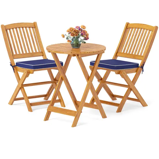 3 Pieces Acacia Wood Patio Folding Bistro Set with Soft Cushions and Slatted Backrest Navy {4}