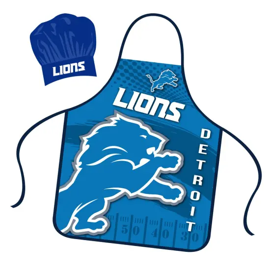 Mojo Licensing Detroit Lions Apron Chef Hat Set Full Color Universal Size Tie Back Grilling Tailgate BBQ Cooking Host {1}