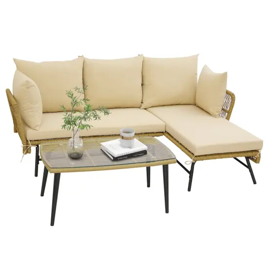 3 Pieces L-Shaped Patio Sofa with Tempered Glass Coffee Table with Metal Frame Black {8}
