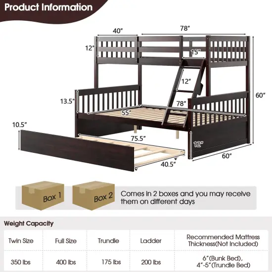 Pine Wood Twin Over Full Bunk Bed with Trundle, Guardrails and Ladder Espresso {5}