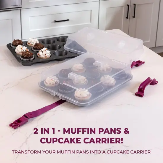 Cupcake Carrier for 24 Cupcakes - Innovative Cupcake Holder includes 2 Cupcake Pans with Lid and Handle - Cupcake Travel Container Carries 12 or 24 Standard-Size Cupcakes for Storage Safely {2}