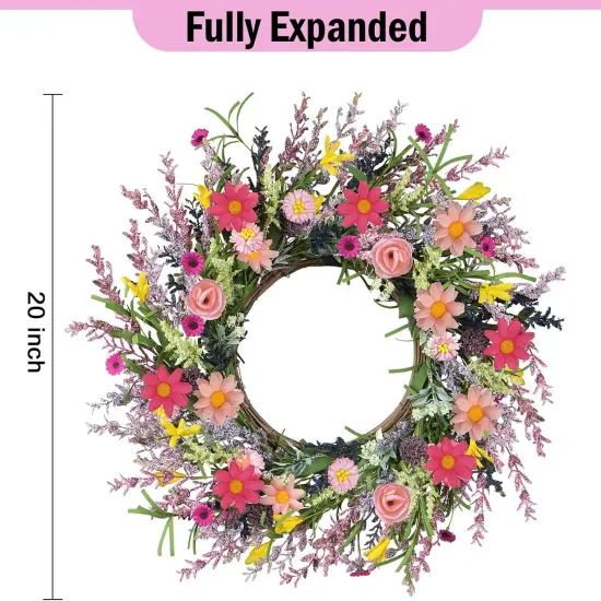 Spring Wreaths for Front Door 20 Inch Artificial Summer Wreath Daisy and Lavender Wreath Wildflowers Wreath for Home Wall Farmhouse Springtime Easter Holiday Party Decor {4}