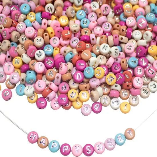 1200pcs Acrylic Colorfull Letter Beads for Jewelry Making Alphabet Beads with Elastic String Bead Cord 7x4mm A-Z Silver Letter Beads for DIY Necklace Friendship Bracelet Making {1}