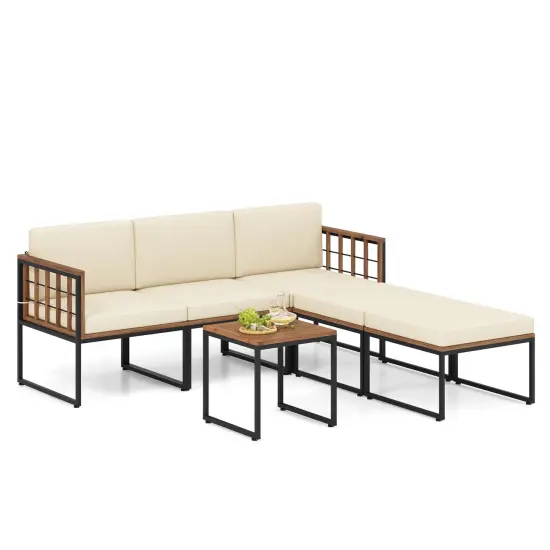 6 Pieces Wood and Metal Patio Furniture Set with Coffee Table and Square Ottomans {3}