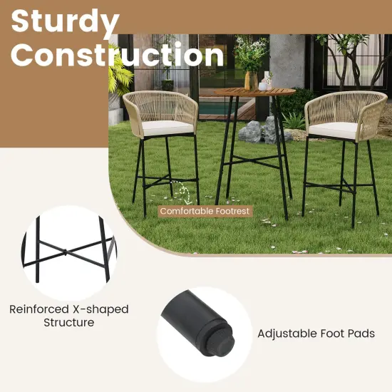 3 Pieces Rope Woven Patio Bistro Set with Acacia Wood Tabletop and Soft Cushions {6}