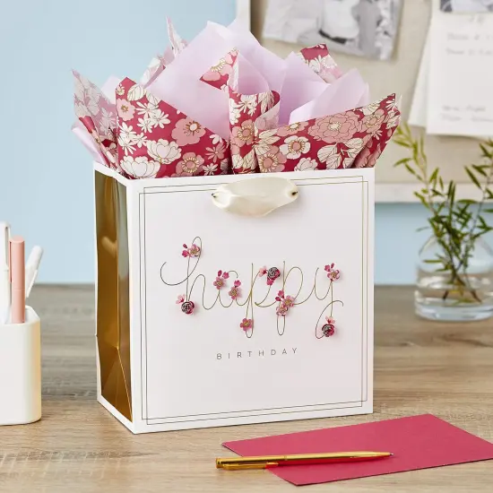 Signature 7" Medium Birthday Gift Bag with Tissue Paper (Pink Flowers) {2}