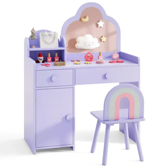 Kids Vanity Set, Cloud Shape Mirror, Storage and Pine Wood Stool Purple {9}