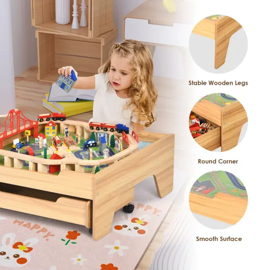 Natural MDF and Wood Train Table with Storage Drawer and 100-Piece Set {6}