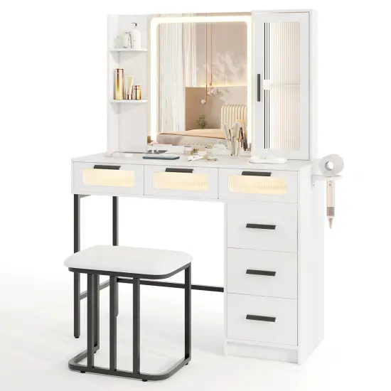 White Vanity Set with LED Sliding Mirror, Charging, & Large Storage {4}