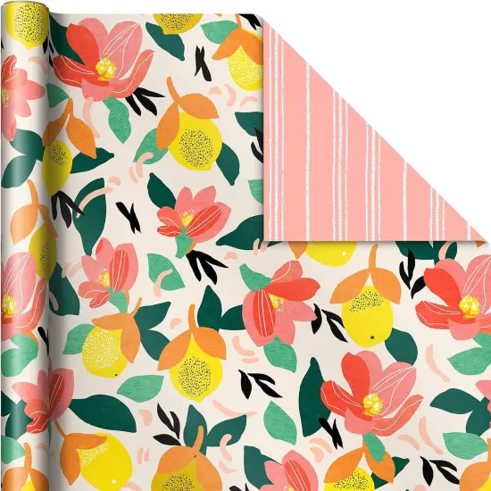 Reversible Spring Wrapping Paper (3 Rolls: 75 Sq. Ft. Ttl) Floral, Lemons, Bright Abstract for Easter, Birthdays, Mother's Day, Bridal Showers, Baby Showers {4}