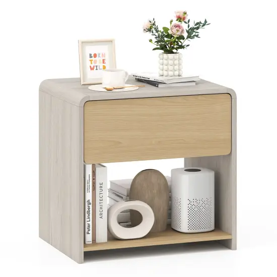 Oak Natural Metal Nightstand with Drawer and Open Shelf for Bedroom {4}