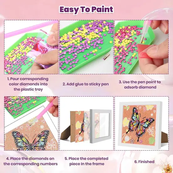 Butterfly Diamond Art for Kids with Frame- Butterfly Diamond Art Kits for Kids, Frame Diamond Art Kits for Kids 9-12 Girls for Decor Gift 7x7Inch {5}