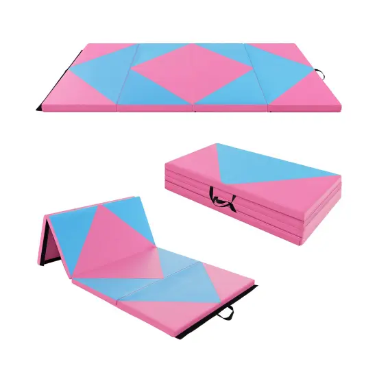 8 Feet PU Leather Folding Gymnastics Mat with Removable Zippered Cover and Hook and Loop Fasteners Black & Pink {8}