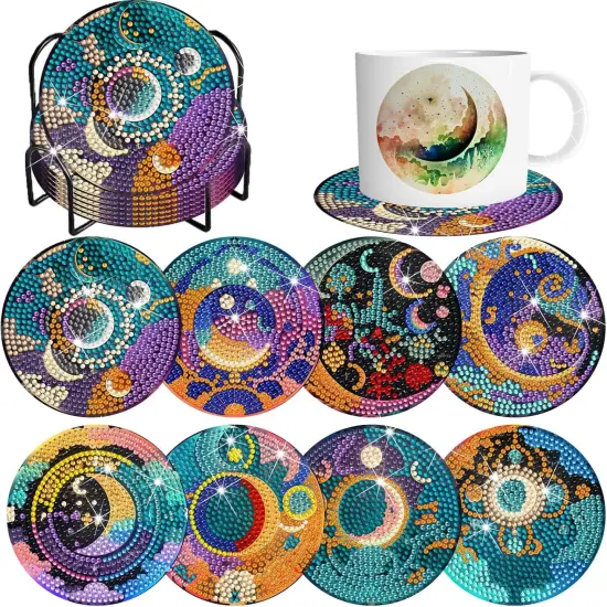 8 Pieces Diamond Art Coaster Kit with Holder DIY Sun and Moon Diamond Art Coaster Gifts 5d Diamond Dot Coaster for Beginners Adults Kids Art Table Home Craft Gift Supplies {1}
