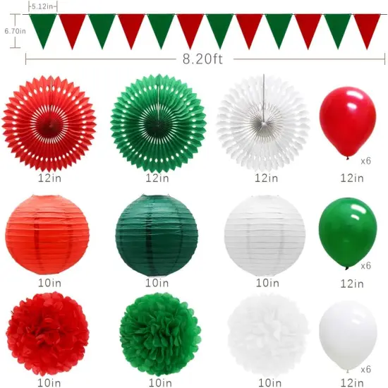 Red Green White Christmas Fiesta Brands Mexican Italian Party Decorations Paper Fans Lanterns Flower Pom Poms Felt Pennant Balloons for Graduations St. Patrick's Day Birthday Baby Shower {5}