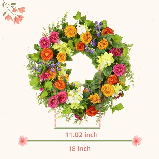 18" Summer Floral Wreaths for Front Door Summer Wreath with Daisy Flowers Green Tea Leaves, Artificial Floral Wreath Green Foliage Wreath for Wall Window Farmhouse Party Holiday Home Decor {2}