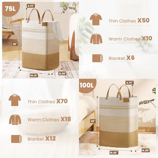 Large Laundry Hamper &ndash; 75 L Tall Woven Cotton Storage Basket with Leather Handles, Slim Dirty Clothes Hamper, Decorative Storage Basket {3}