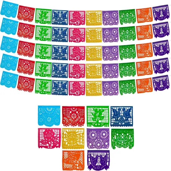 Mexican Party Banners (5 Pack with 10 Plastic Flags per Banner) - Papel Picado Mexicano Para Fiesta - Plastic Papel Picado - Fiesta Themed Party Decorations - Mexican Decor {1}
