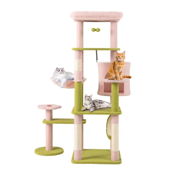 Pink-Green Teddy Plush Cat Tree with Condo, Hammock and Floral Scratching Posts {4}