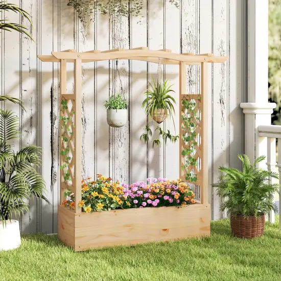 Natural Pine Wood Raised Garden Bed with Trellis and Hanging Roof 44x14x45 {3}